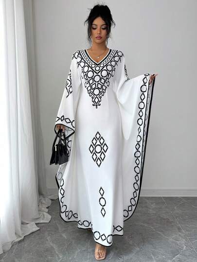 Elenzga Robe longue ample à manches chauve-souris col V, design mode noir et blanc, pour femmes
