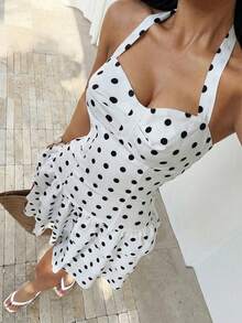 Sunnyshic Women's Short Dress, Fashion Creative Spring/Summer New Polka Dot Pattern Tie Bow - White - View 3