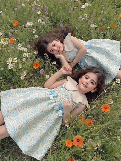 1件女童夏季新款花卉领提花织锦面料优雅蝴蝶结设计公主裙，适合派对、生日、休闲穿着。