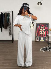 Muchica 女士夏季新款字母刺绣宽松短袖T恤和裤子套装 - 灰色 - 查看 1