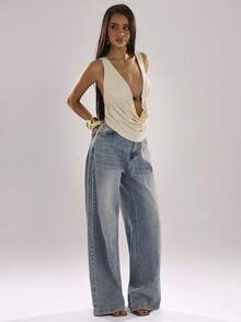SHEIN BAE Áo hai dây cổ yếm hở lưng xếp nếp đính hạt cườm/Áo đi biển/Áo dự lễ hội âm nhạc/Áo dự tiệc/Áo đi hộp đêm/Áo kiểu miền Tây/Áo dự tiệc rave, Xuân/Hè - Màu be - Xem 4