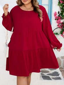 SHEIN CURVE+ Curve 加大码 US22 音乐节、海滨度假、波西米亚风 CURVE PLUS // 复古豹纹宽松圆领长袖连衣裙，适合秋冬季穿着 - 紅色 - 查看 5