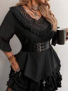 Flirla Camicia elegante casual da donna taglie forti, di colore unito, con inserti in pizzo floreale traforato, vita segnata - nero - Visualizzare 5