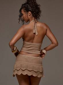 MUSERA 亮片针织棕色渐变高领修身背心，春夏度假海滩伊比沙岛音乐节派对优雅神韵 - 卡其色 - 查看 2