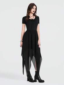 Breakform Vestido de mujer de cuello redondo y manga corta estilo gótico, vestido negro, vestido de cuello redondo con lazo, vestido de tela de punto y gasa con parches, vestido de bajo asimétrico - Negro - Ver 1