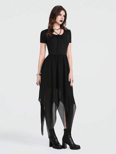 Breakform Đầm nữ kiểu Gothic cổ tròn tay ngắn, đầm đen, đầm cổ tròn thắt nơ, đầm chiffon dệt kim ghép mảnh, đầm vạt bất đối xứng.