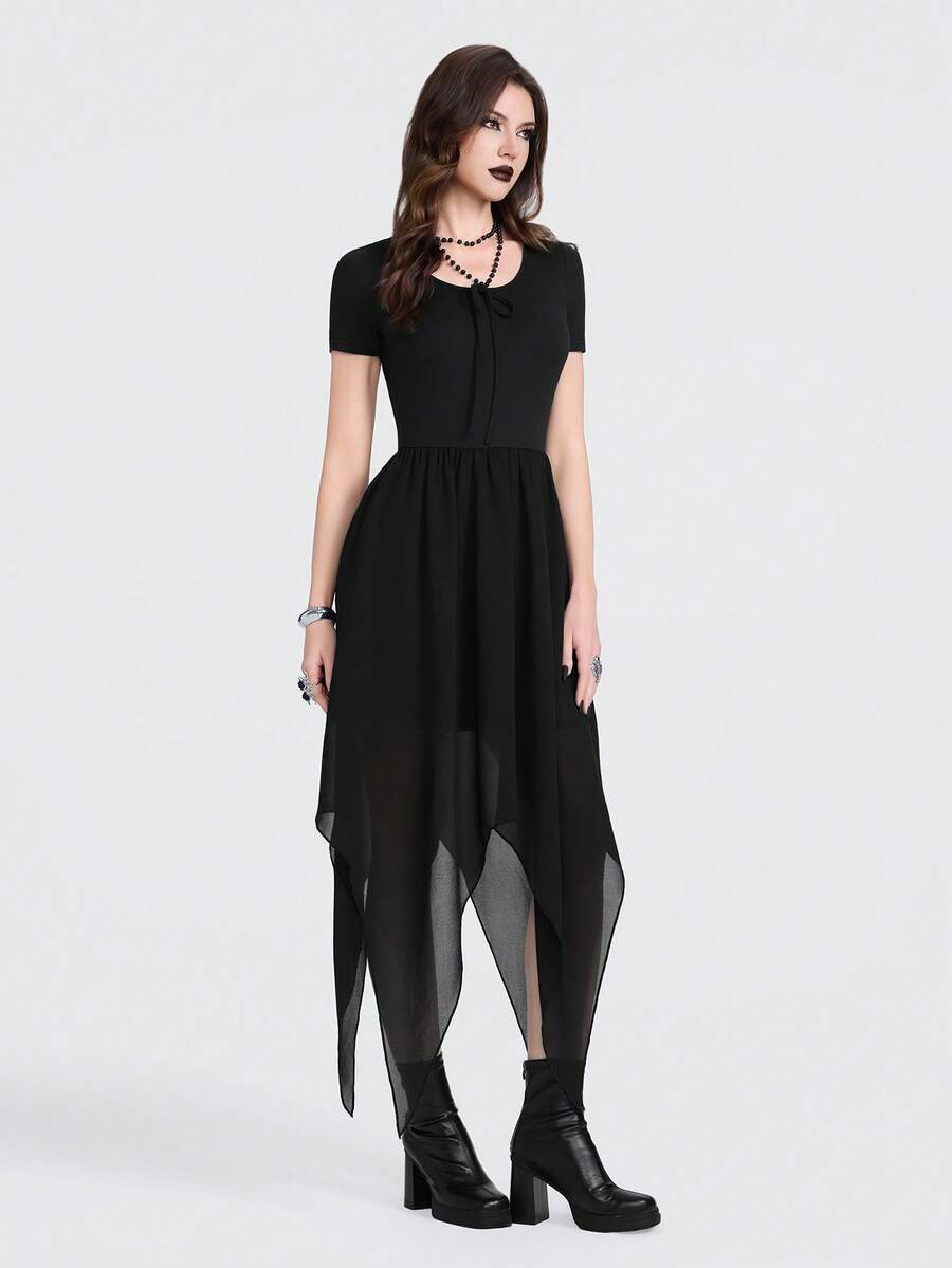 Breakform Vestido de mujer de cuello redondo y manga corta estilo gótico, vestido negro, vestido de cuello redondo con lazo, vestido de tela de punto y gasa con parches, vestido de bajo asimétrico - Negro - Ver 1