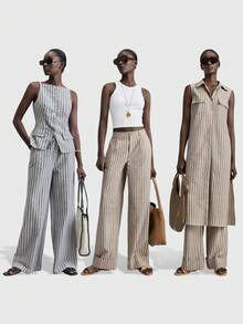 Ontre 2025新款乡村音乐节，舒适休闲风，条纹编织，棕色，无袖，贴袋，长款衬衫，女士衬衫，日常穿着，四季皆宜，舒适休闲装，休闲装，商务休闲女装，低调复古风，高品质精致美学，都市通勤，高端机场时尚 - 棕色 - 查看 4