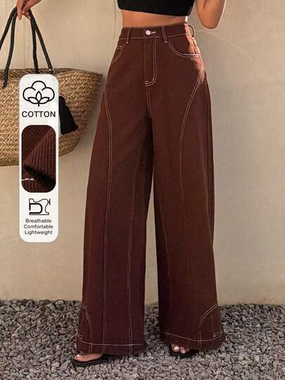 DAZY Jeans de pierna recta y suelta con decoración en la cintura regular, diseño de bajo lavado para uso casual en la ciudad