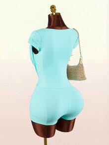 Amplova Women's Turquoise Blue Short Sleeve Jumpsuit,Seksi Chic Minimalist Y2k Summer Vacation Holiday Outfits,Solid Color Beach Wedding Party Spring Clothes - Blue - View 10
