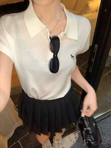 DAZY Women's Turndown Collar Korean Style Vacation Knit Top - White - View 2