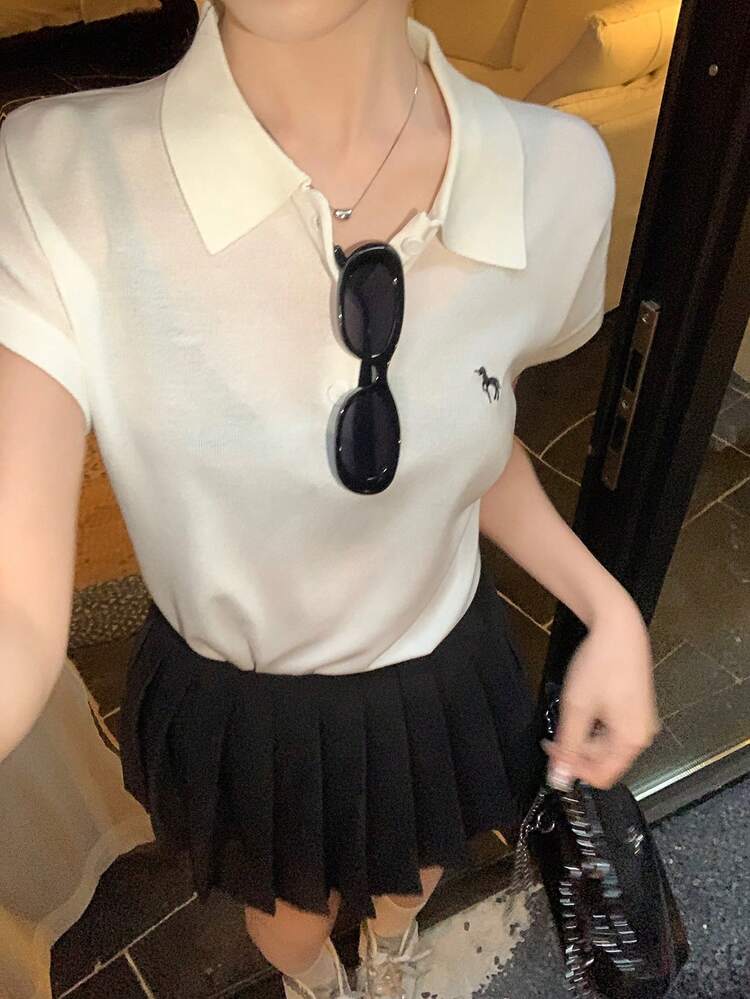 Women's Turndown Collar Korean Style Vacation Knit Top Summer