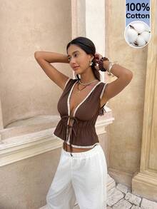 SHEIN Frenchy Women's Summer Vacation Casual 100% Cotton Brown Contrast Lace Trim Double Tie Front Deep V Neck Sleeveless Peplum Top Boho Vacation Deep V-Neck Contrast Trim Knotted Casual Sleeveless Blouse,Brown Top  ,Elegant Women's Blouses Brown Blouse Embroidered Blouse Summer Tops,Summer, Valentine's Day, Carnival, Party ,Wedding ,Birthday, Elegant ,Vacation, Casual ,Summer Tops ,Fasching Women Costume - Brown - View 6