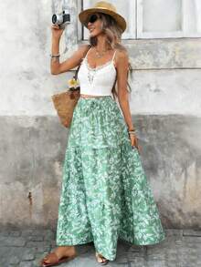 Rafferiza New Women's High-Waisted Long Skirt With Leaf Print, Featuring An Elastic Waistband With Drawstring Tie Detail, And A Multi-Layered, Loose-Fitting A-Line Silhouette. - Green - View 2