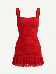 SHEIN PETITE Vestido mini ajustado de malla con fruncido de unicolor elegante para mujer - Rojo - Ver 7