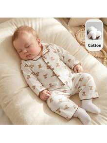 Loomiva Conjunto de 2 piezas de cardigan de punto suave con cuello y pantalones de cintura elástica con estampado de oso de dibujos animados para bebé niño - Caqui - Ver 1