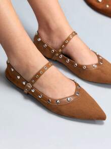 CUCCOO GRLICON Women's Rivet Decor Buckle Pointed Toe Flat Shoes - Brown - View 1