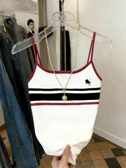 Resyla Áo hai dây ôm sát người in hình ngựa, phối màu tương phản, kiểu dáng thường ngày dành cho nữ, thích hợp cho mùa hè.