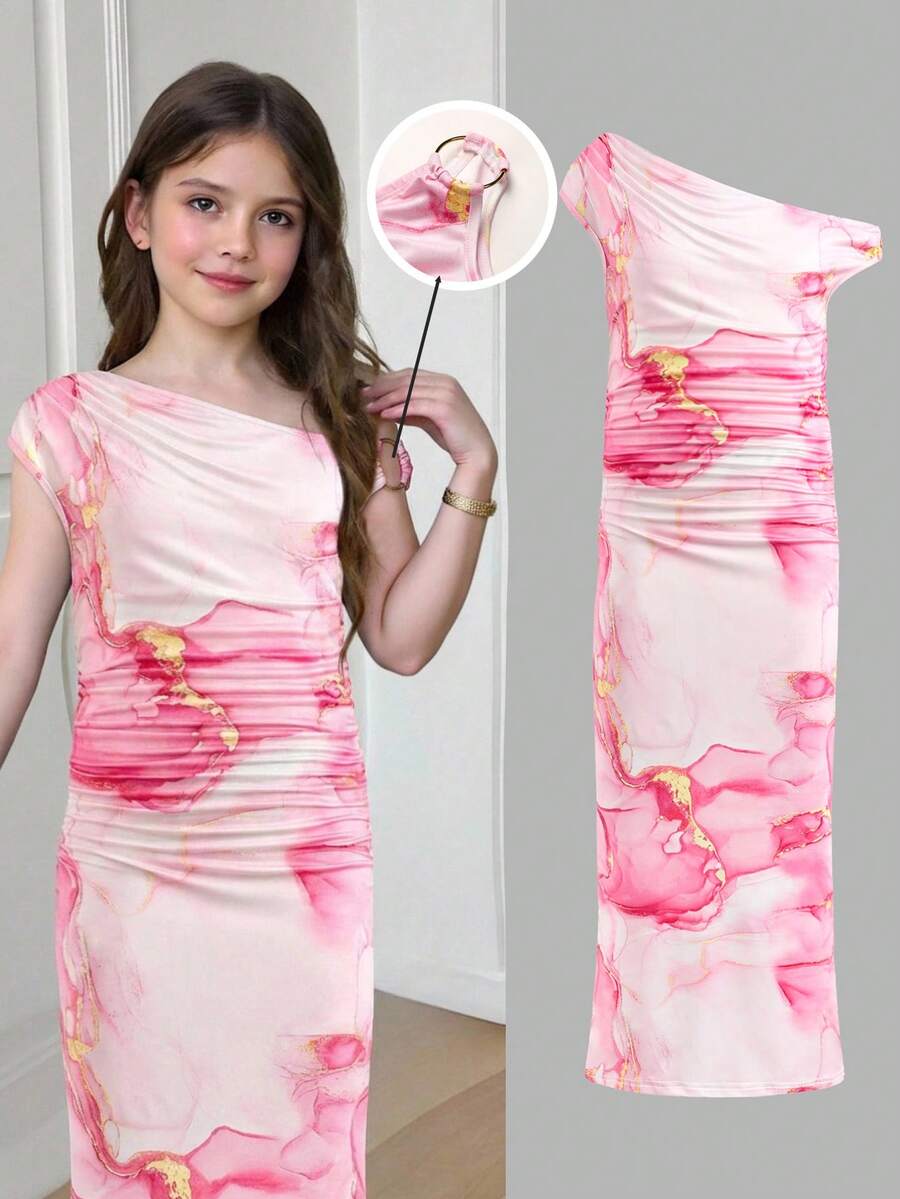 SHEIN Tween Girls' Fitted Off Shoulder Floral Print Snug Fit Slit Maxi Knit Dress - Pink - View 1