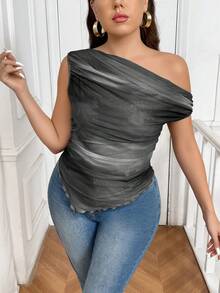 SHEIN Frenchy Plus Size French Minimalist Romantic Asymmetric Shoulder Sleeveless Fitted Tie-Dye Print Asymmetric Blouse For Women - Multicolor - View 3