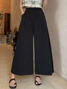 K-Vae Solid Color Pleated Slant Pocket Elegant Office Wear Wide Leg Pants - Black - View 3
