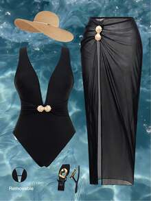 Swim Oasis 2026 Nouveau Maillot de bain une pièce/deux pièces d'été pour femmes, élégant, Top de gamme, avec décoration en métal noir unicolore, dos nu sexy à encolure en V profond, taille cintrée, sans manches, fendu, pour vacances à la plage - Noir - Voir 5