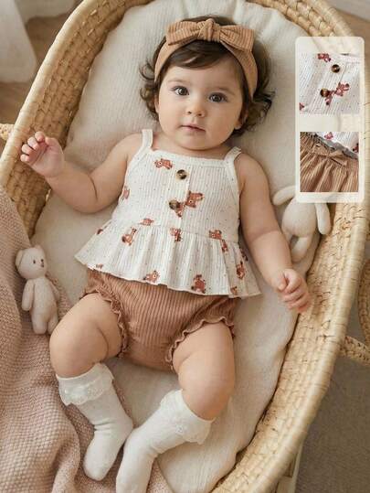 SHEIN Playful Pals 2件套新生女婴小熊印花吊带背心+松紧腰短裤休闲套装，含发带，适合夏季各种场合