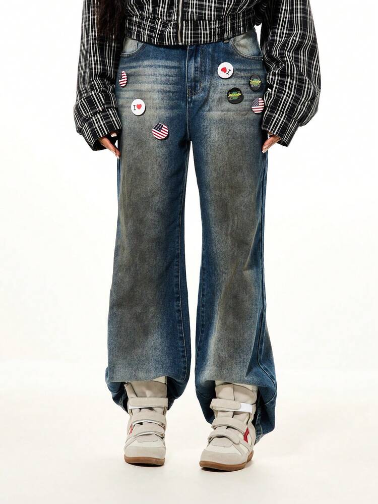 SUMWON WOMEN Washed Badge Detail Wide Leg Jeans