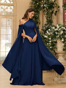 SHEIN Belle Đầm phù dâu bằng chiffon họa tiết hoa 3D, tay bồng, vai lệch, thích hợp cho nữ dự tiệc dạ hội (đính kèm họa tiết). - Màu xanh hải quân - Xem 6