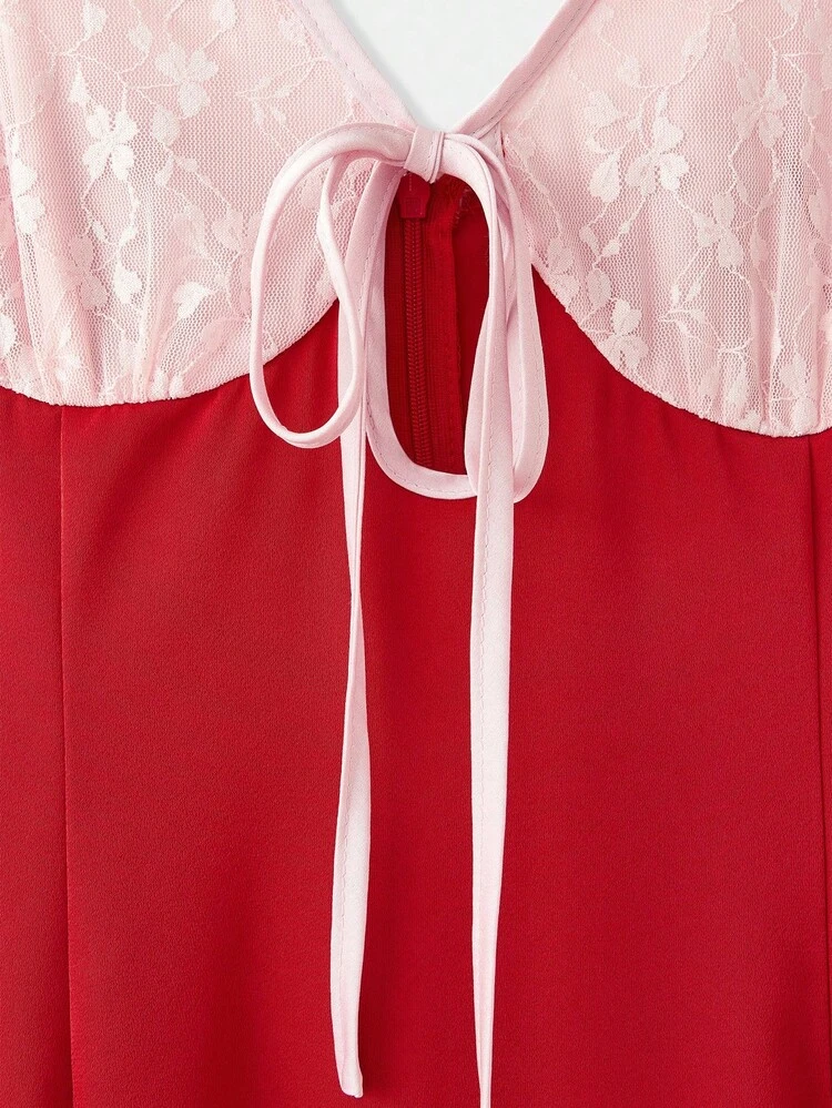 Pink And Red Contrast Satin Mini Dress With Tie Front Detail Fall Women Clothes Autumn Winter