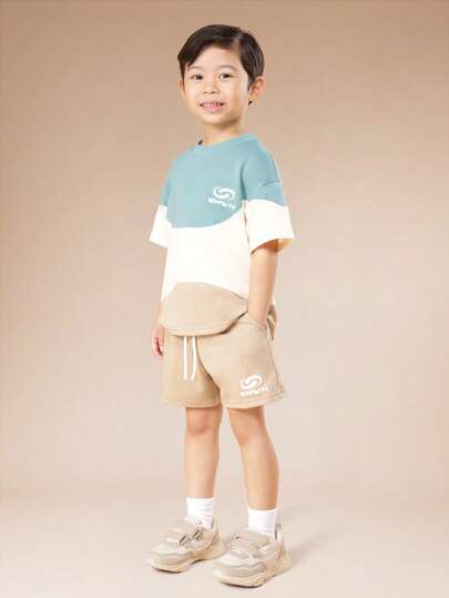 SUMWON Boys Summer Color Block T-Shirt And Shorts Co-Ord Set With Crew Neck Short Sleeves Logo Print Casual Outfit