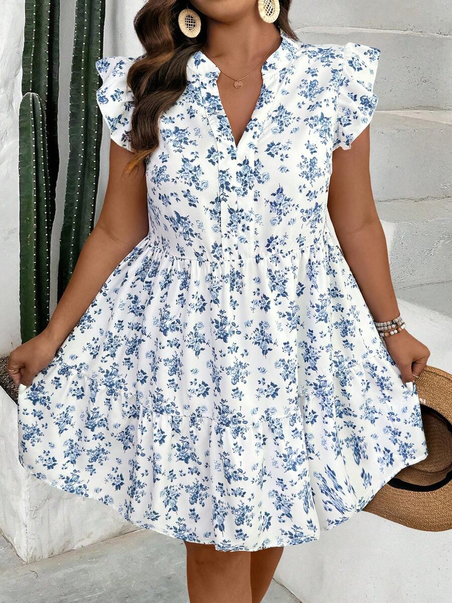 SHEIN PETITE Petite Women's V-Neck Cinched Waist A-Line Casual Vacation Dress With Ditsy Floral, Spring/Summer - Multicolor - View 1