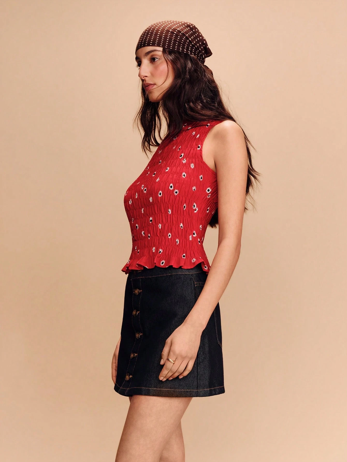 Red Print Sleeveless Ruched Top With Peplum Hem Spring Summer French Style Parisian Style Boho Vacation Going Out Resorts