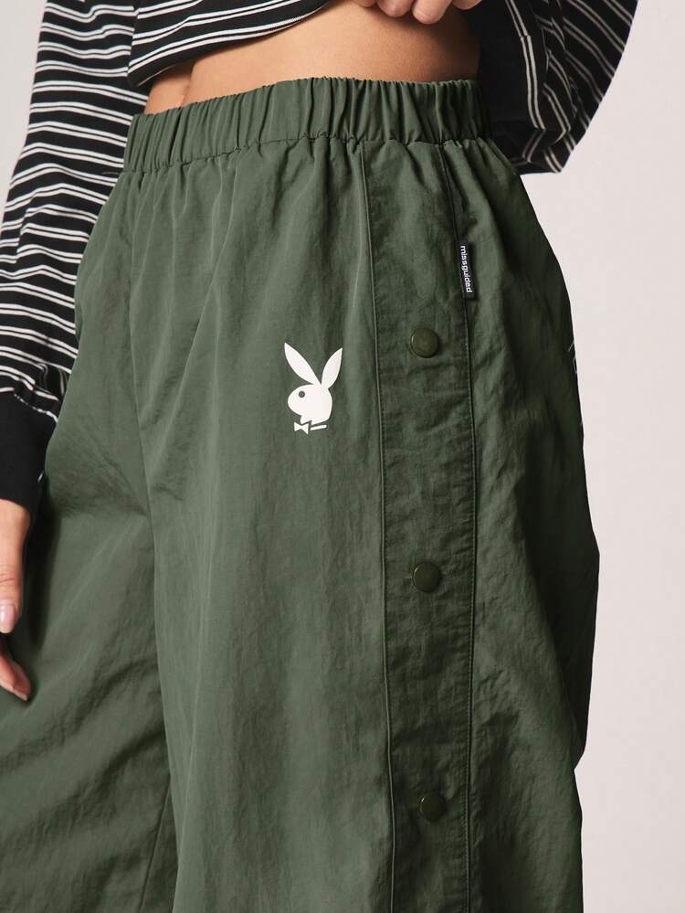 Missguided x Playboy Women High Waisted Olive Snap Button Wide Leg Palazzo Pants With Logo Print