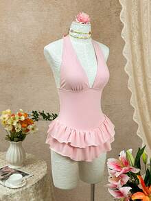 Bellisia White & Pink Textured Fabric Halter Neck Deep V-Neck Backless Double Ruffle Hem Beach Pool Party Cute & Sweet Style Women Swimsuit Skirt - Pink - View 8