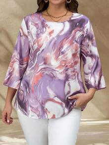 EMERY ROSE Camisa de verano elegante de talla grande con estampado asimétrico y bloques de color - Morado - Ver 4