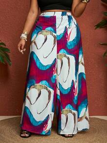 SHEIN CURVE+ Plus Size Multicolor Random Print Wide Leg Long Pants With Zipper Closure Casual Style Woven Fabric For Women - Multicolor - View 4