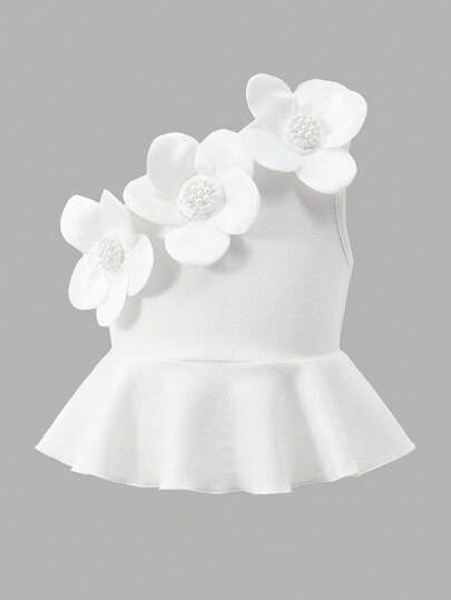 SHEIN Camiseta sin mangas de niña con cuello asimétrico y unicolor con decoración floral