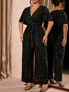 Cravure 大码女式激光亮片收腰优雅连体裤 - 黑色 - 查看 7