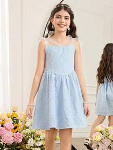 SHEIN Tween Girl Elegant Color Block Spaghetti Strap Peplum A-Line Dress - Baby Blue - View 4