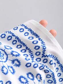 Sweetra Petite Sweet Beach Vacation A-Line Dress With Backless Design, Tie-Up Waist, Flared Skirt, Suitable For Petite Women, Spring/Summer - Blue and White - View 4