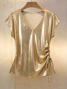 SHEIN LUNE Women's Gold Elegant V-Neck Short-Sleeved Blouse,Side-Waist Drawstring Shimmering Metallic Top,70s Retro Summer Party Evening Luxury Shirt - Champagne - View 8