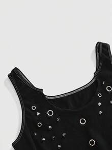 ROMWE Grunge Punk 音乐节朋克金属铆钉紧身露脐背心 - 黑色 - 查看 3