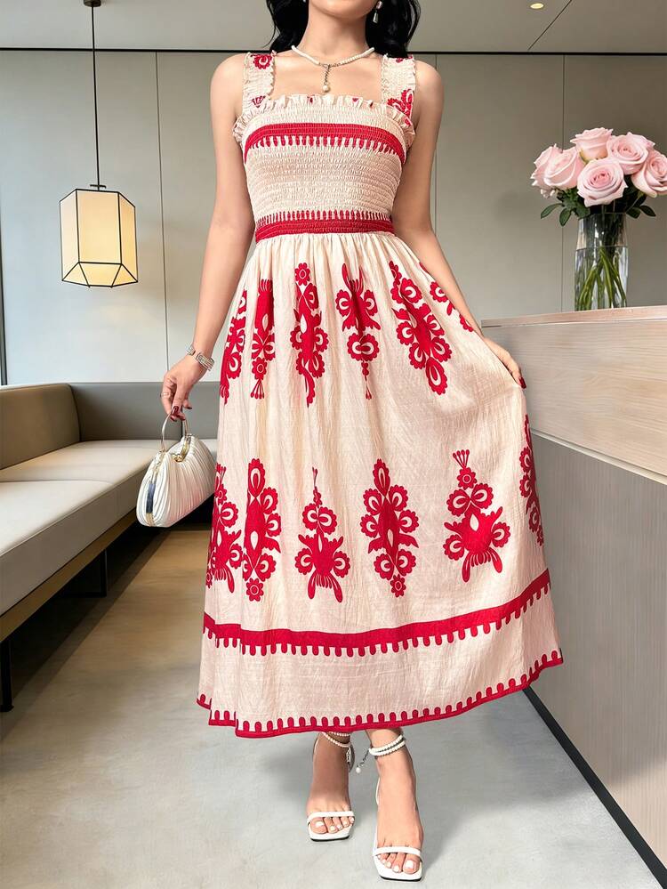 Women's Elegant Floral Print Sleeveless Mid-Length Dress, Summer Wedding Guest Dress Sundress Boho
