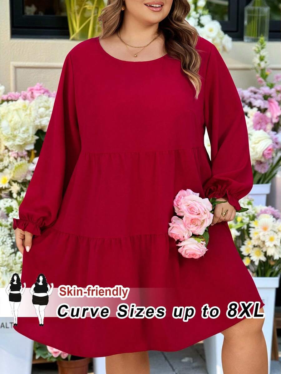 SHEIN CURVE+ Curve 加大码 US22 音乐节、海滨度假、波西米亚风 CURVE PLUS // 复古豹纹宽松圆领长袖连衣裙，适合秋冬季穿着 - 紅色 - 查看 1