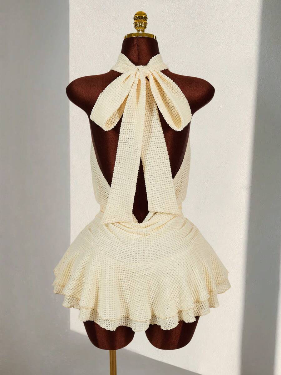 Amplova Vestido mini de mujer con cuello alto, textura de tela transparente y flor 3D en la cintura, de estilo boho romántico para vacaciones - Albaricoque - Ver 1