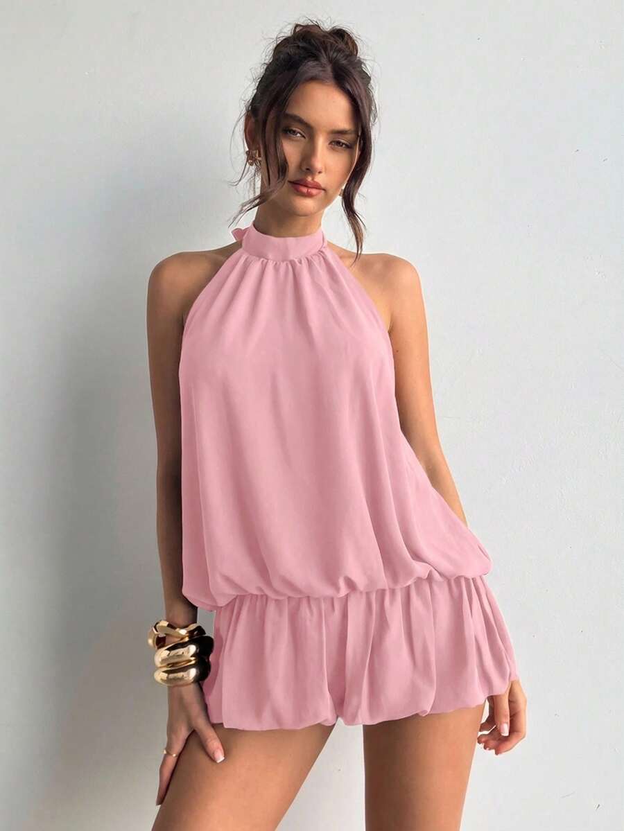 Aloruh Đầm ngắn mùa hè gợi cảm dành cho nữ, kiểu dáng tối giản, màu trơn, hở lưng, buộc dây phía trước, xòe rộng, thích hợp cho kỳ nghỉ biển. - Hồng - Xem 1