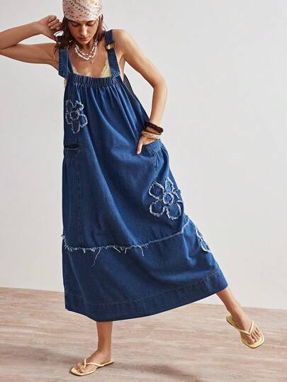 Bohemela 女士夏季休闲宽松牛仔背带裙，饰有花卉贴花刺绣，非常适合外出、度假、海滩穿着。