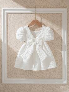 Souflis Souflis 法式复古婚礼季高端提花泡泡袖A字蝴蝶结露背女童连衣裙 - 白色 - 查看 2