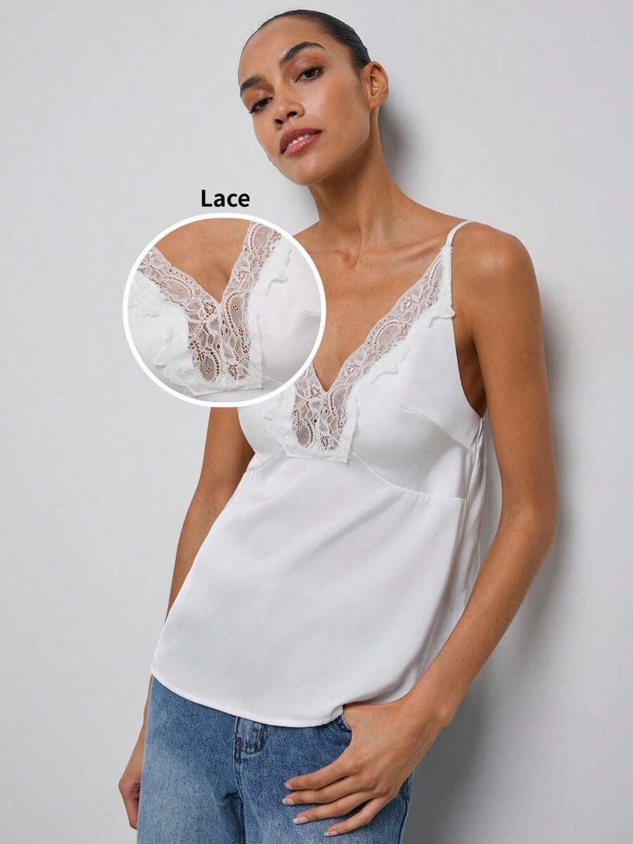 Maija Top de camisola con parches de encaje, adecuado para vacaciones a principios de primavera, vida al aire libre de primavera/verano, top de verano, vacaciones de verano, primavera, top de fiesta, playa para mujeres, top para salir, elegante, top brillante, top blanco, top de encaje para mujer - Blanco - Ver 1